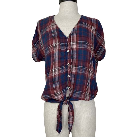 Universal Thread Tops - Universal Thread women's plaid top short sleeve V-neck red blue white tie front